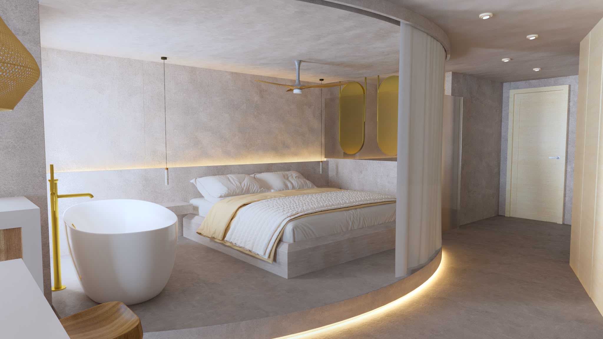 Dormitorio con bañera exenta